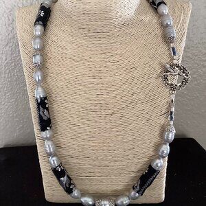 Black and silver artisan beaded necklace, 24 inch